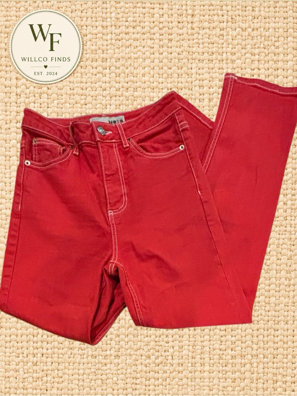 Topshop MOTO Red Jeans W25 L32 High Rise Straight Leg Contrast Stitch